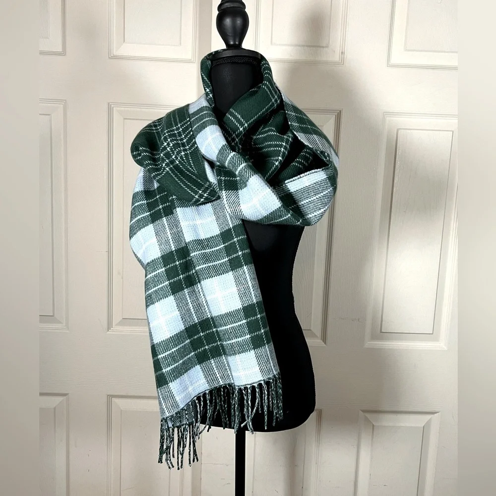 NWT J.Crew Plaid Green Blue and White Blanket Scarf